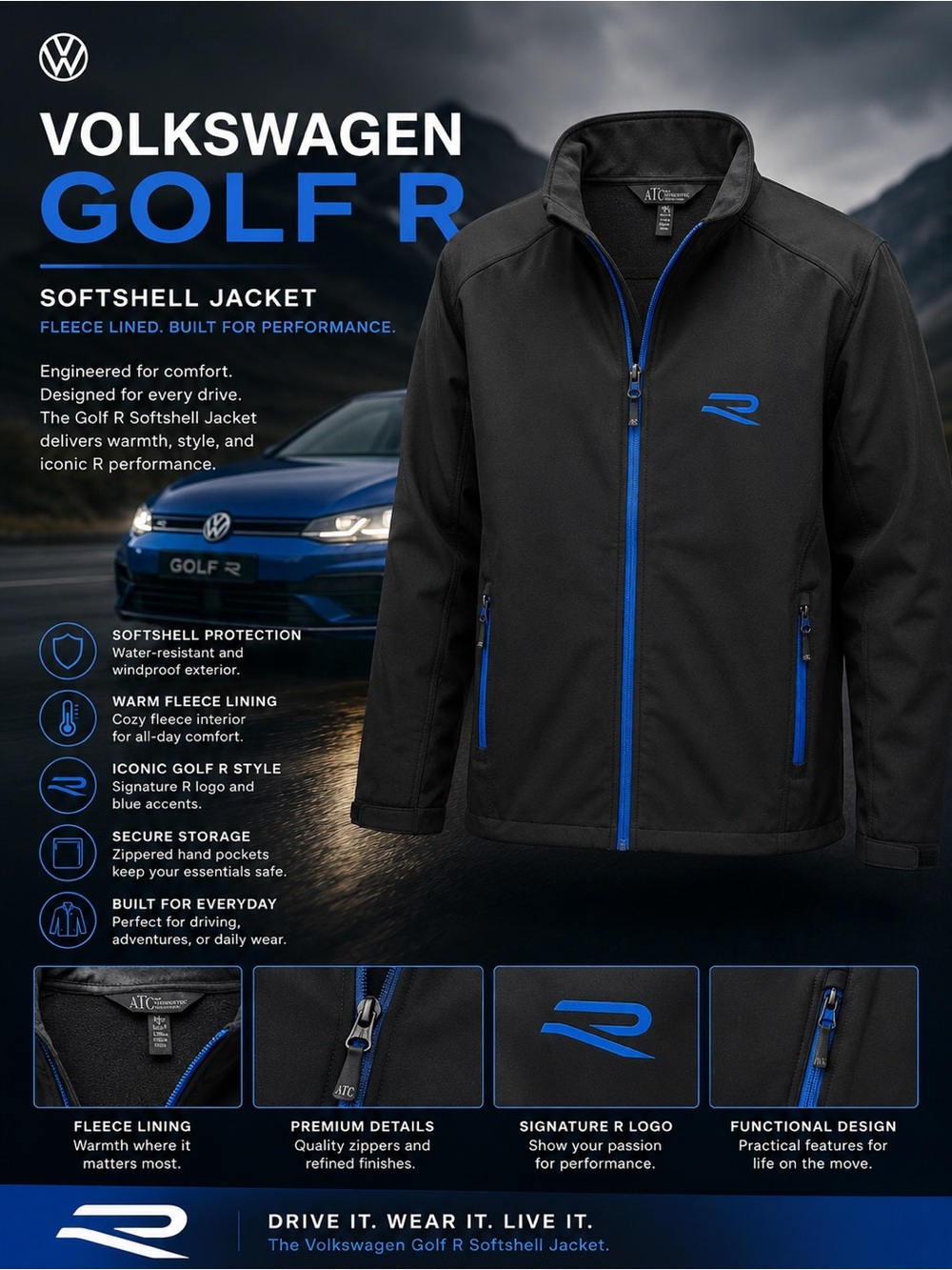 Golf R Men’s Black Softshell Jacket with Blue Accents
